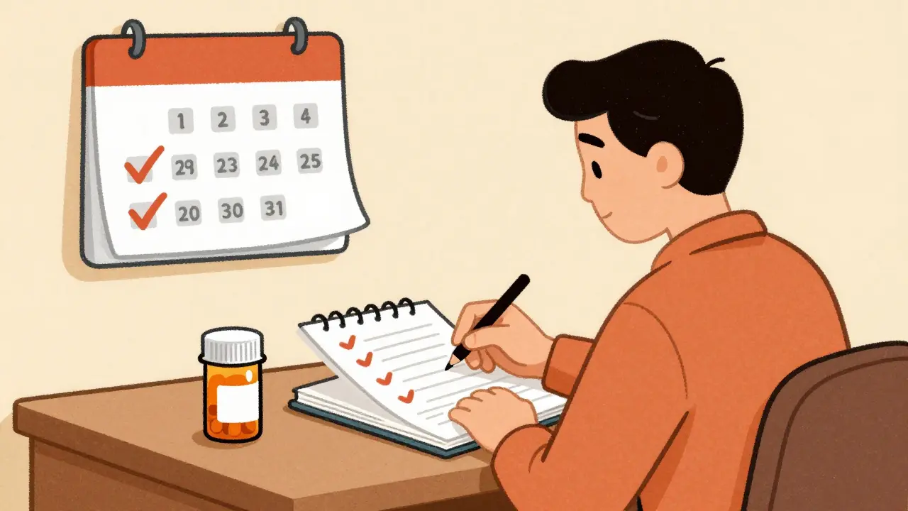 Patient monitoring health with notebook and pill bottle.