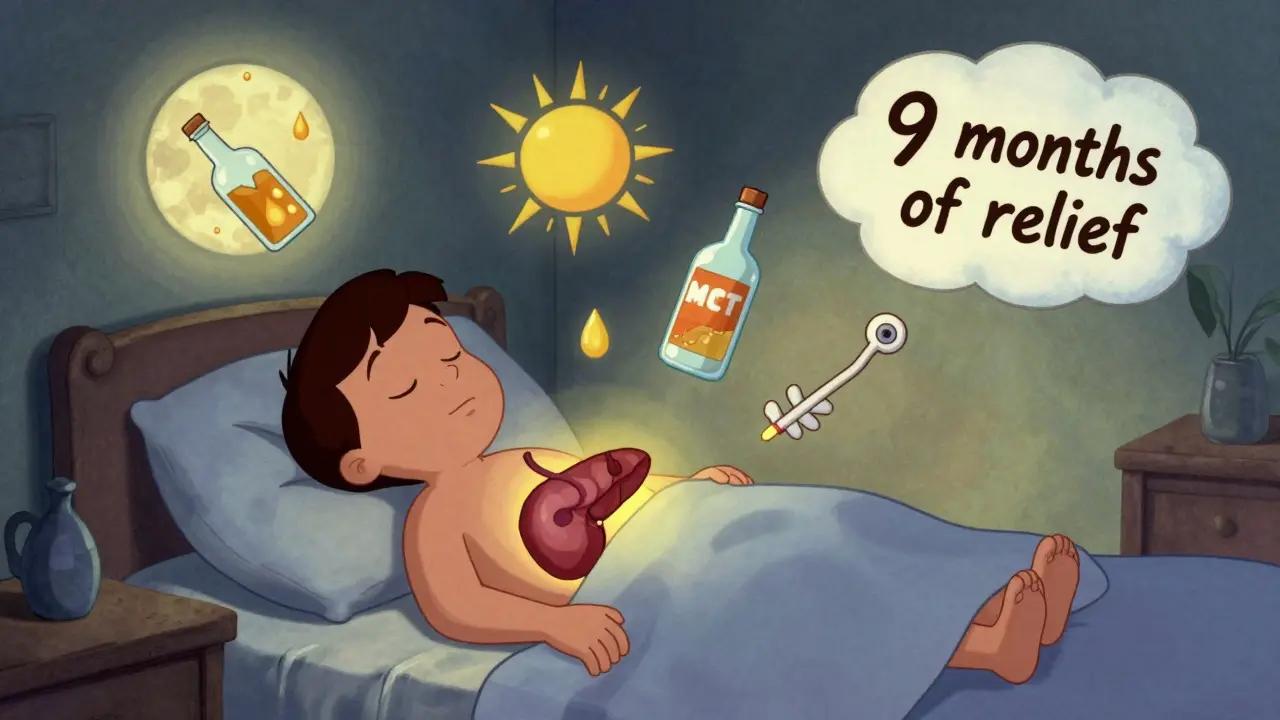 Patient sleeping peacefully, glowing pancreas, floating symbols of MCT oil, stent, and yoga, moonlight bathing room