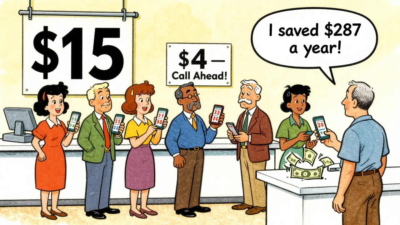 People using price comparison apps at a pharmacy, one holding a phone showing a low price while the counter displays a higher one.