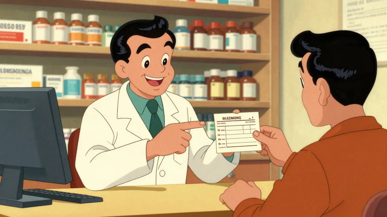 Pharmacist discussing prescription label with a patient.
