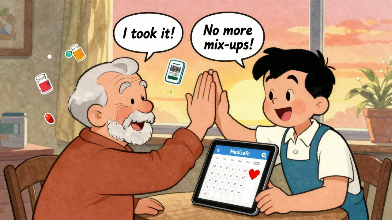 Senior and caregiver celebrating medication adherence on a tablet with checkmarks and FDA badge in vintage cartoon art.