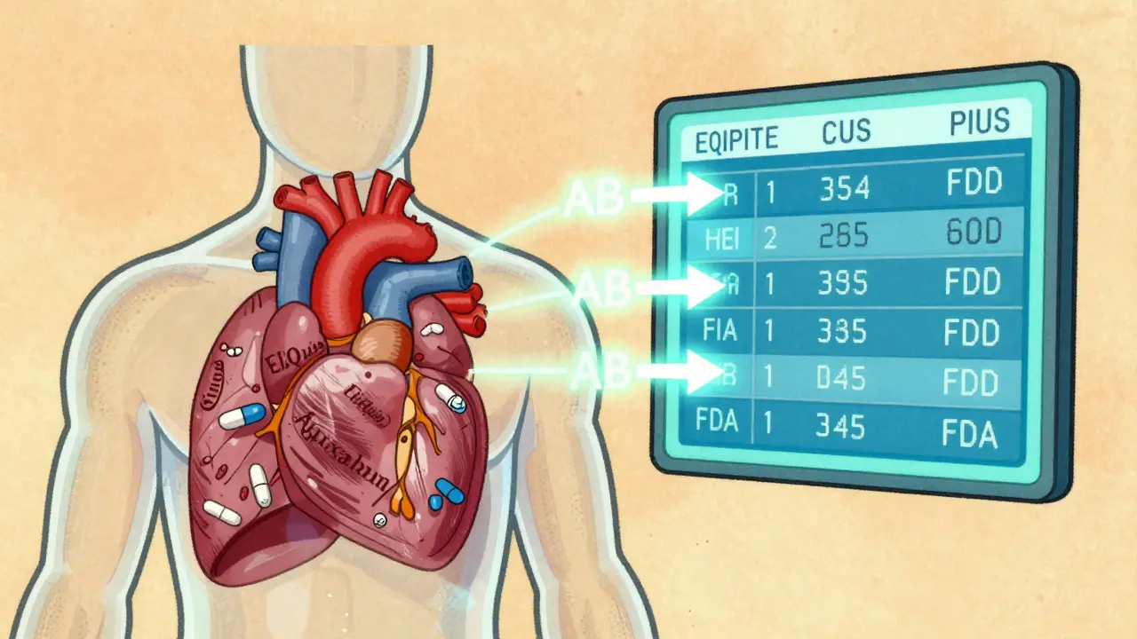 Transparent human body with pills connected to Orange Book database showing patent expirations.