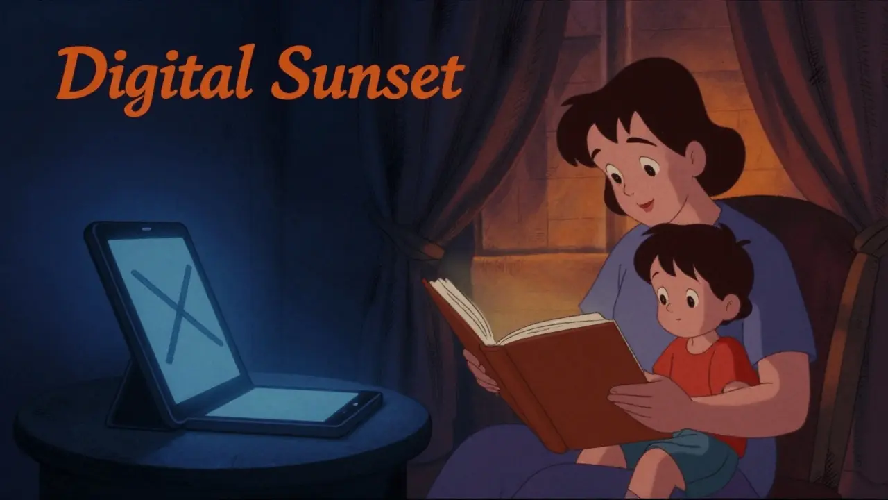 A comparison between a glowing digital screen and a parent reading a book to a child.