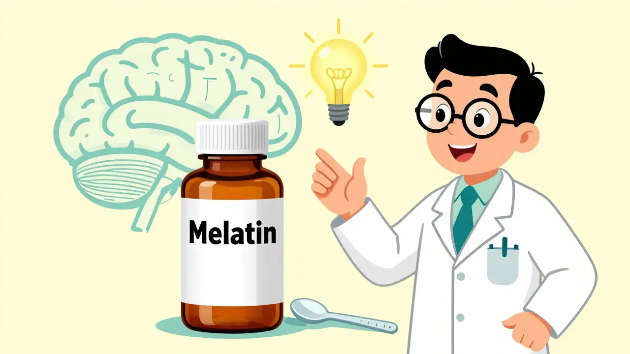 A pediatrician explaining melatonin dosage with a large supplement bottle and a brain diagram.