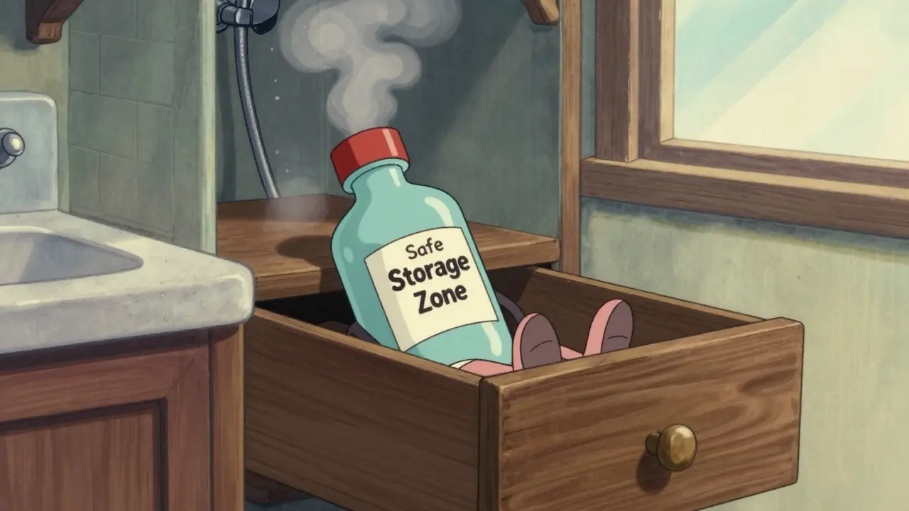 A personified medicine bottle stored safely in a dark, cool kitchen drawer.