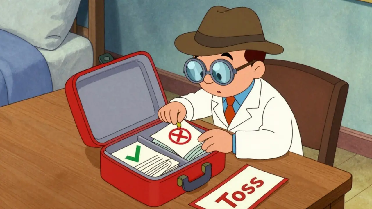 A vintage cartoon character using a magnifying glass to audit a first-aid kit on a table.