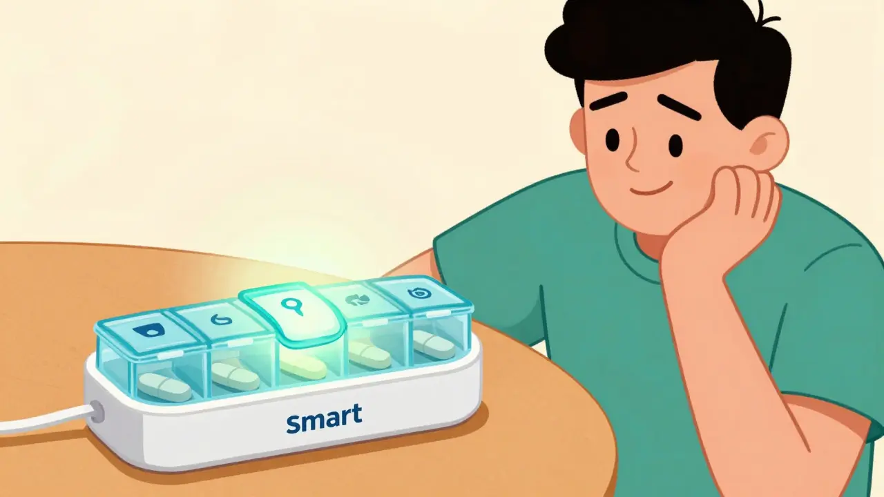 A vintage cartoon of a person smiling next to a glowing smart pill organizer.