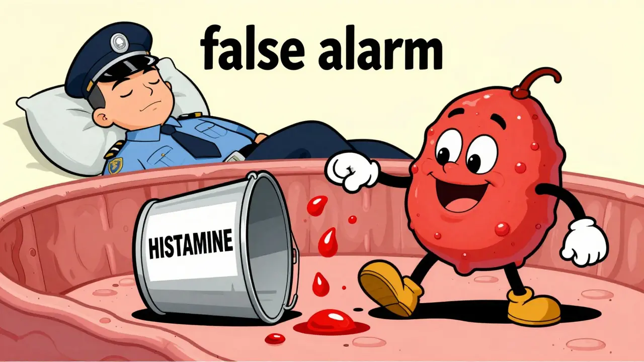 Cartoon depiction of a mast cell releasing histamine, illustrating a pseudoallergic reaction.
