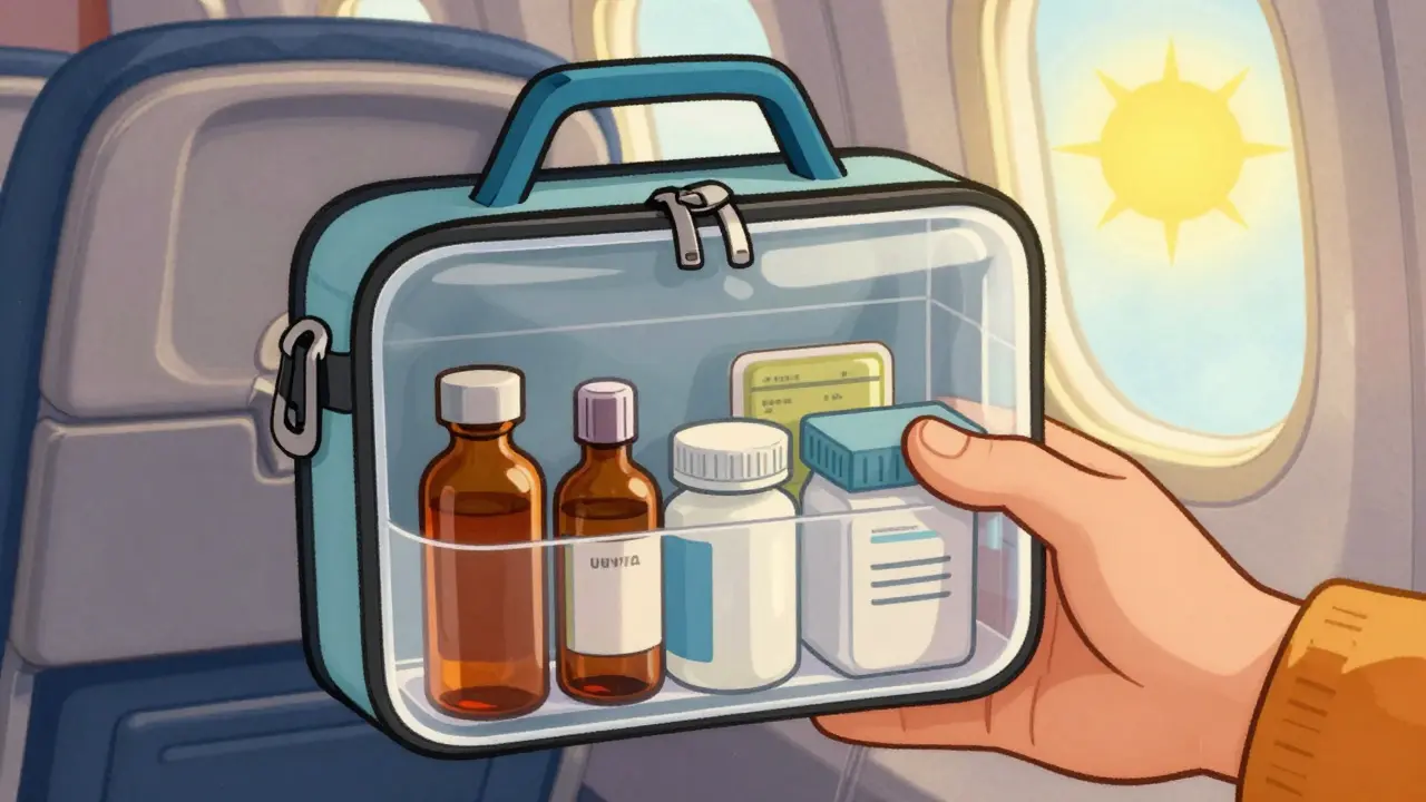 Medications stored securely inside an opaque, UV-blocking insulated travel bag.