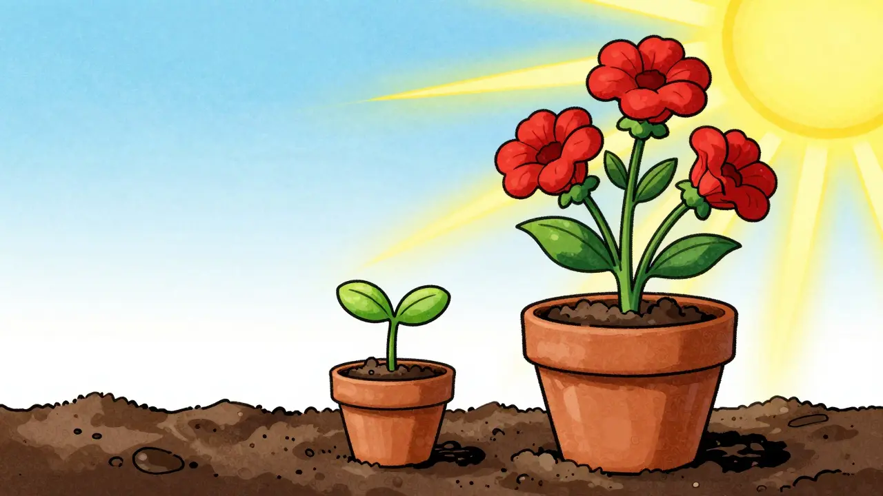 Old-style sketch of a plant sprout growing toward the sun in a pot.