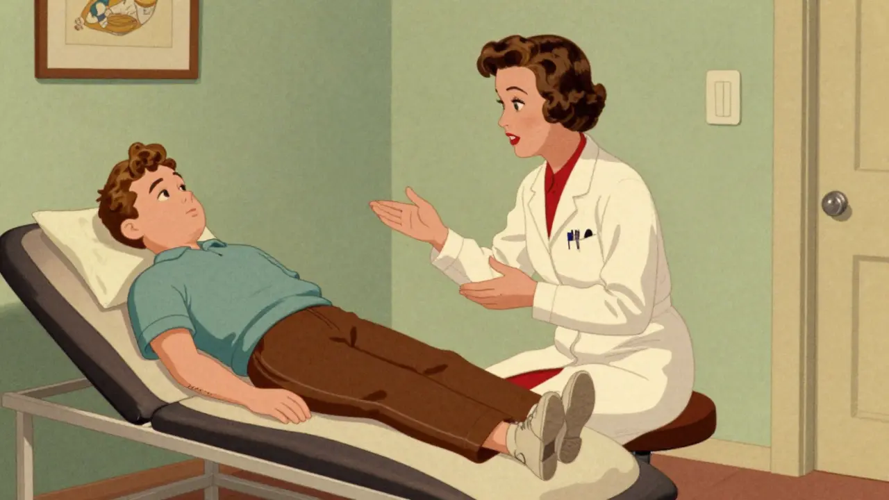 Retro cartoon of a doctor consulting a patient in a clinic setting.