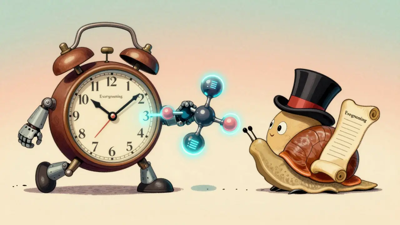 Vintage cartoon depicting AI accelerating drug development compared to slow patent evergreening.