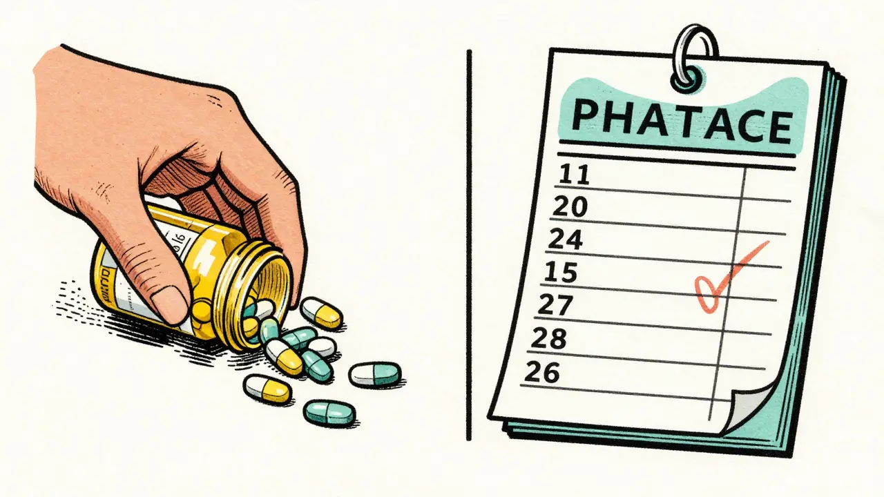 Vintage illustration showing a person counting pills and a pharmacy record ledger.