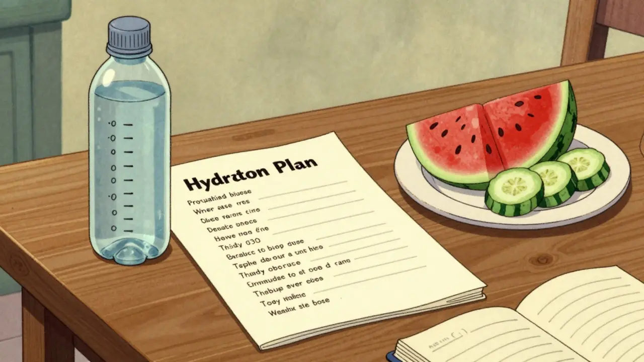 Water bottle and hydrating fruits on a table