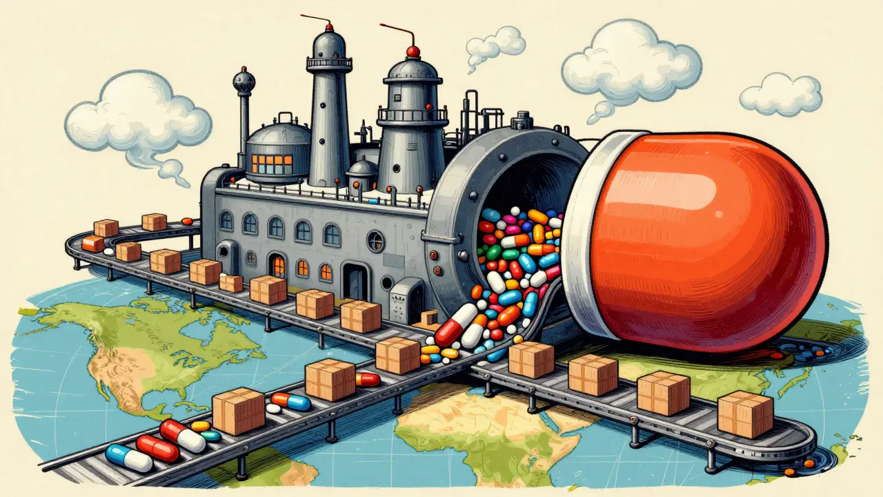 Whimsical illustration of a giant Indian pharmaceutical factory distributing generic drugs globally.